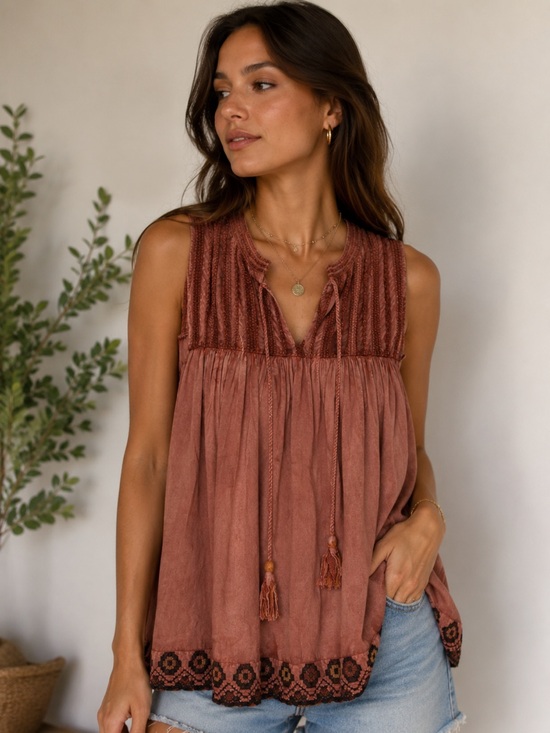 Rachel Zoe Tops - Rachel Zoe Rose-Mauve Embroidered Sleeveless Boho Tank